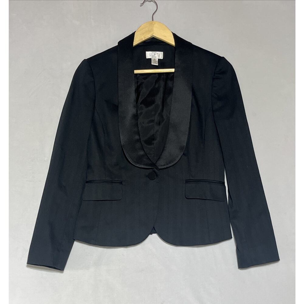 LOFT Tuxedo Blazer Womens 4P Black Scoop Neck Satin Collar One Button Formal - Picture 1 of 11